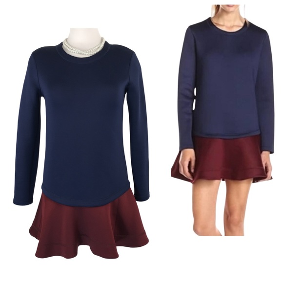 BCBGMaxAzria Dresses & Skirts - BCBGMaxazria Genesa Flounce Hem Navy Burgundy Color block Mini Dress size Small